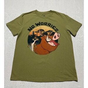 Disney Lion King Timon Pumbaa No Worries Graphic T-Shirt Mens Small Olive Green